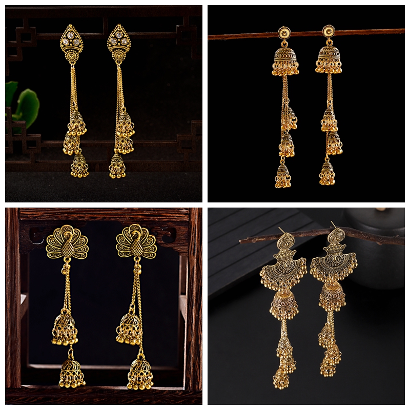 Indian Wedding Supply - Neue goldfarbene Glocken-Quasten-Jhumka-Ohrringe für Damen, ethnische